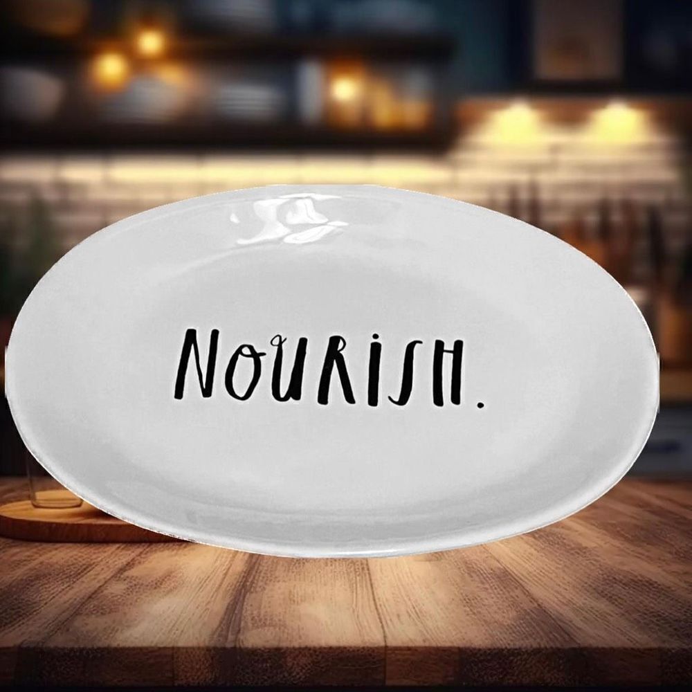 NWT Gorgeous Rae Dunn Ceramic White with black letters Nourish 8” Oval Plate